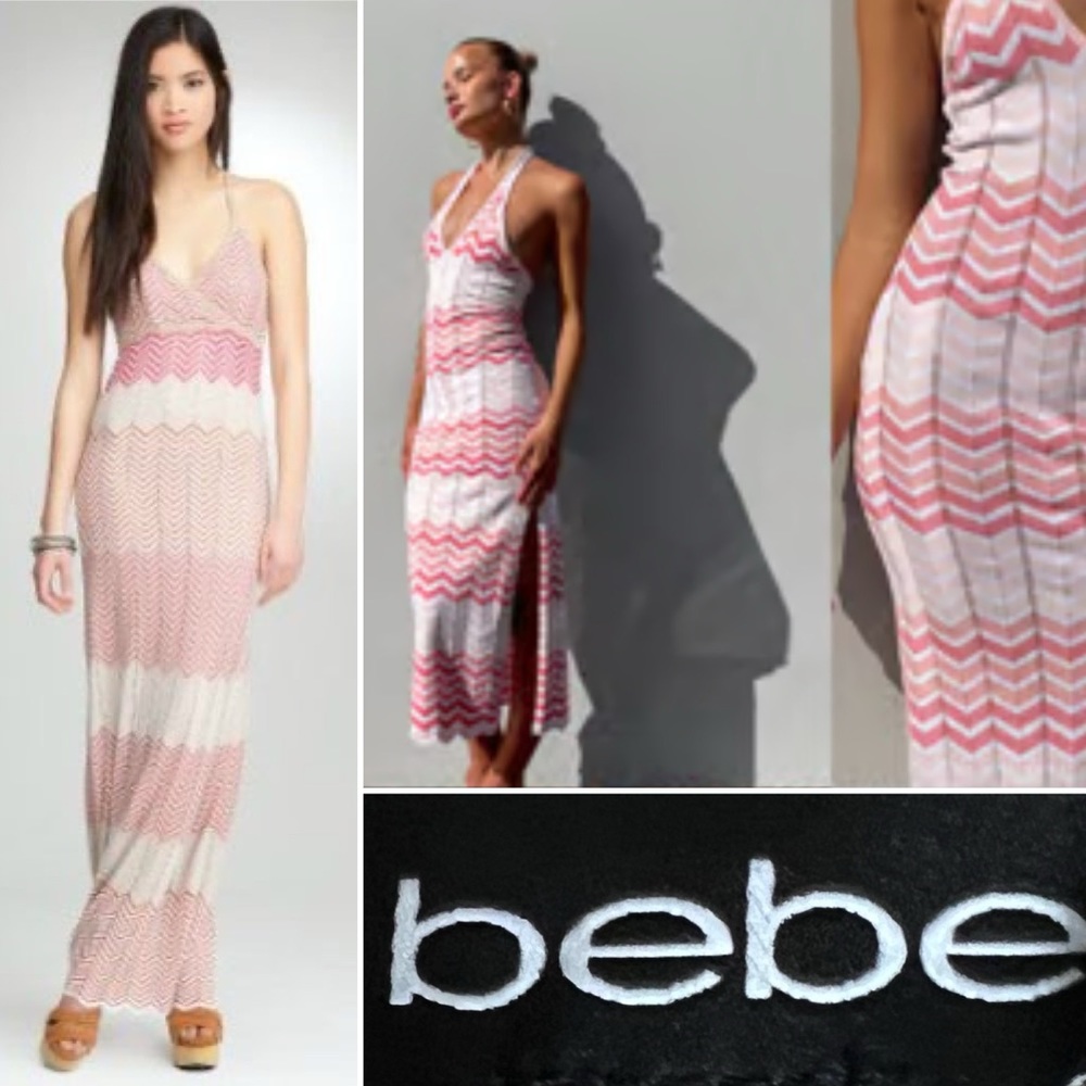 Bebe fuschia/tan chevron knit lined slip maxi dress size M crochet sleeveless